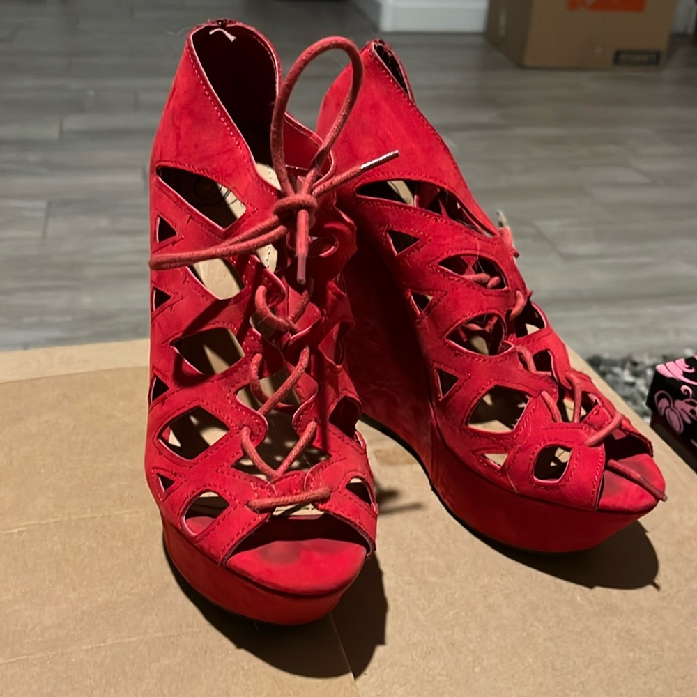 Open toed wedges. Lace up. Platform. 5 inch heel height. No box.